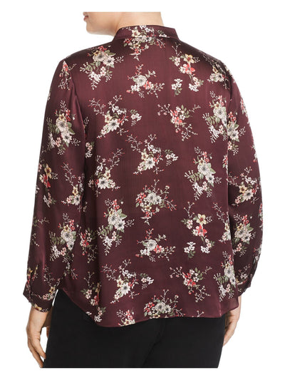 VINCE CAMUTO Womens Maroon Ruffled Band Collar Button Up Curved Hem Floral Long Sleeve Wear To Work Blouse Plus 3X