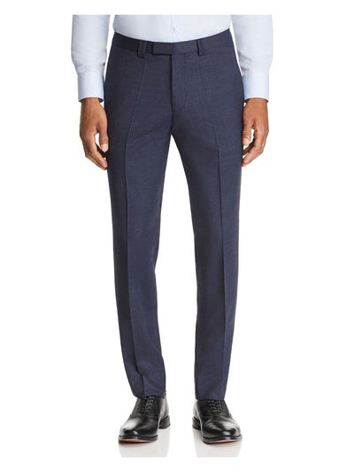 HUGO BOSS Mens Navy Flat Front, Straight Leg Tattersall Extra Slim Fit Wool Blend Pants 36R