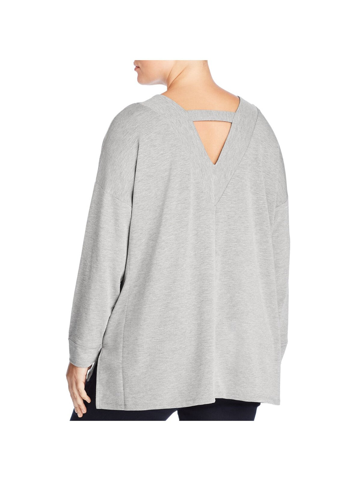 CUPIO Womens Gray Stretch Pleated Strap V-back Heather Long Sleeve V Neck Tunic Top Plus 2X