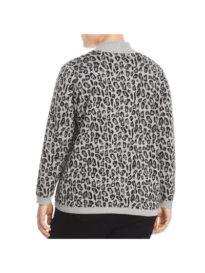 ALISON ANDREWS Womens Gray Stretch Pocketed Animal Print Long Sleeve Open Front Sweater Plus 1X