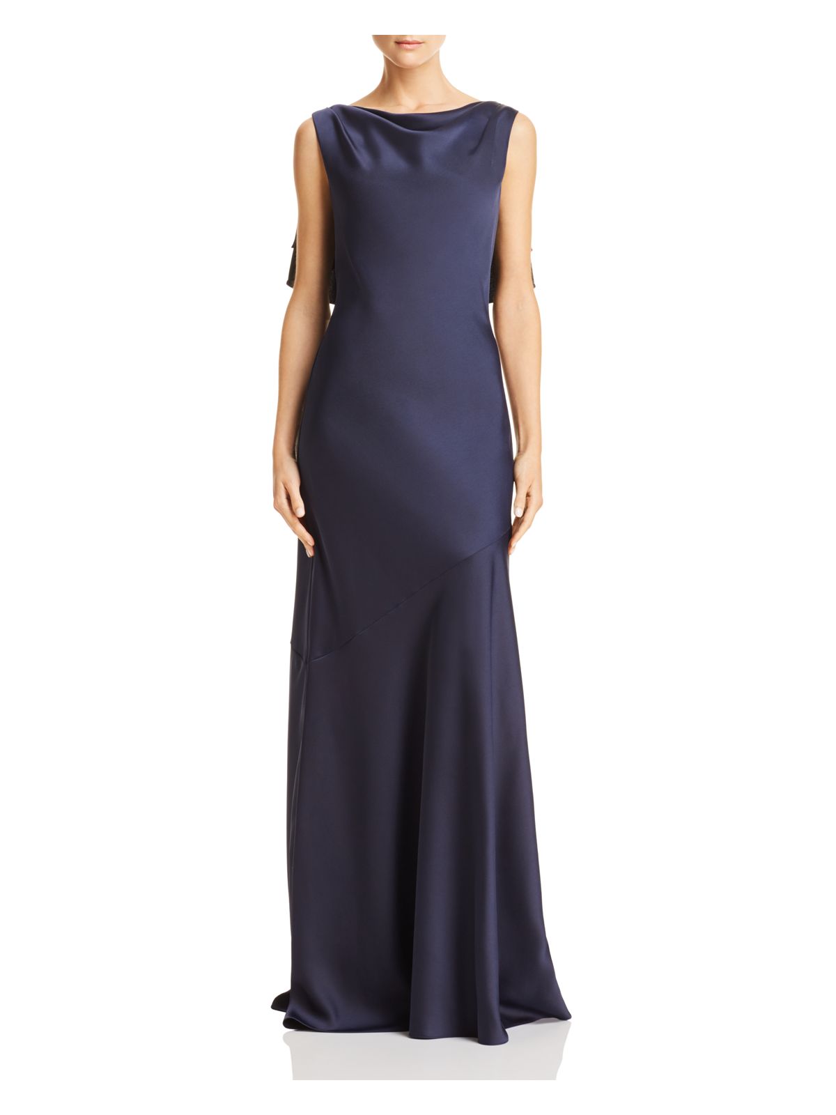 RACHEL ZOE Womens Navy Zippered Open Back Pleated Ruffled Fishtail Hem Sleeveless Cowl Neck Full-Length Evening Gown Dress 0