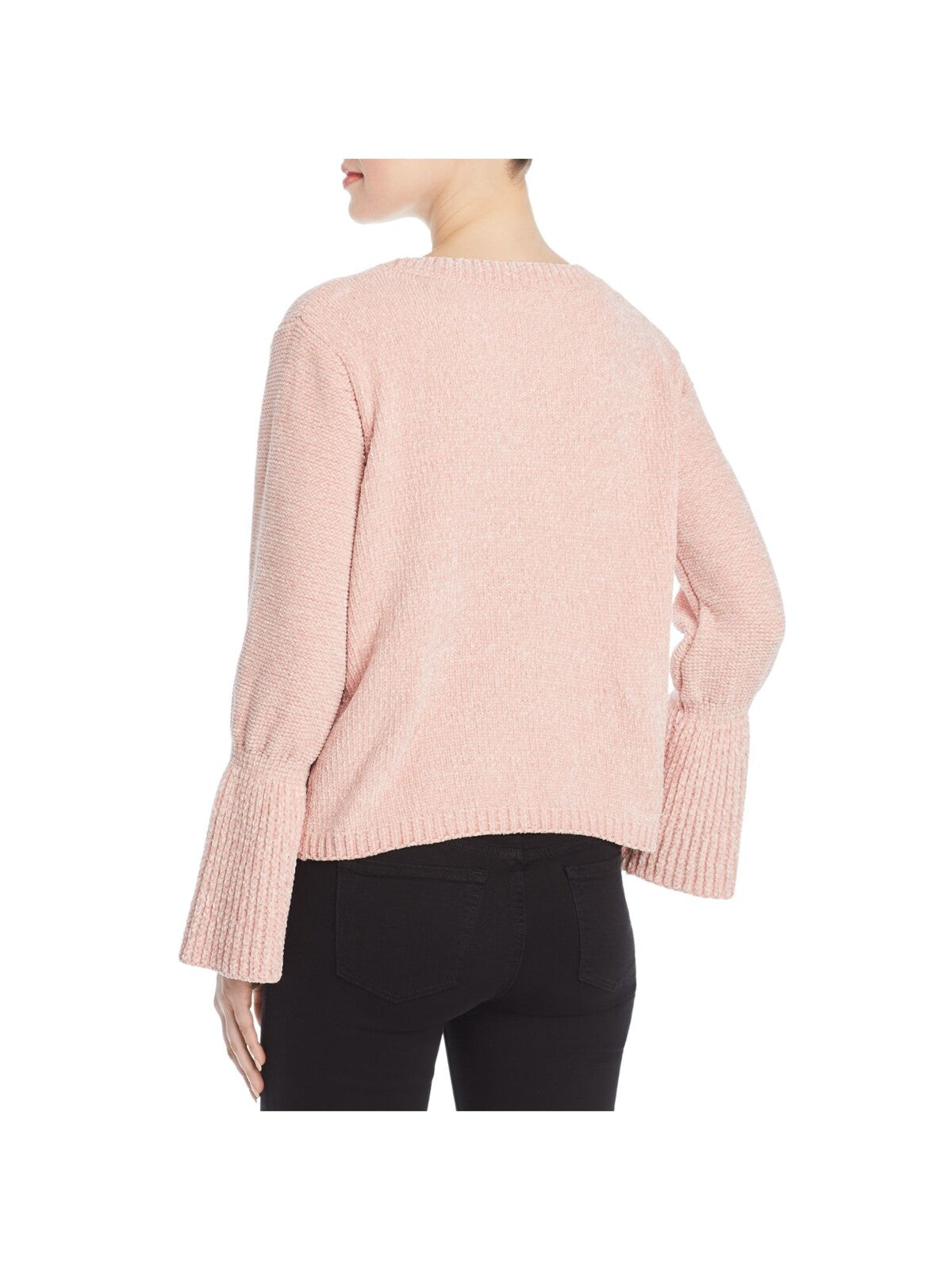 ELAN Womens Pink Ribbed Chenille Bell Sleeve Crew Neck Sweater M