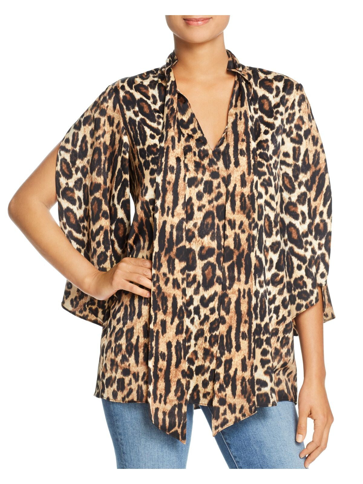 KENNETH COLE NEW YORK Womens Beige Animal Print Split Tunic Top S