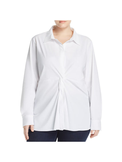 LYSSE Womens White Cuffed Sleeve Collared Wear To Work Button Up Top Plus 1X