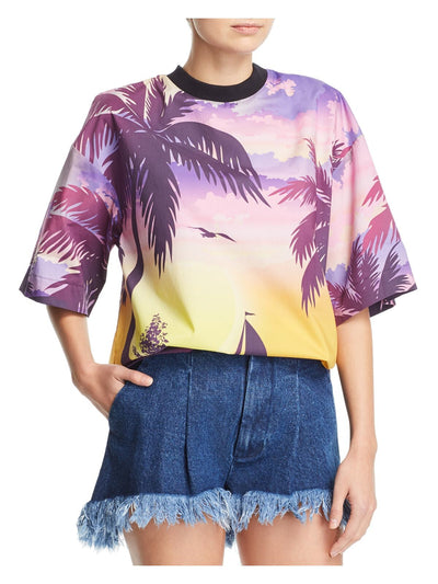 KSENIA SCHNAIDER Womens Purple Printed Short Sleeve Crew Neck Top L