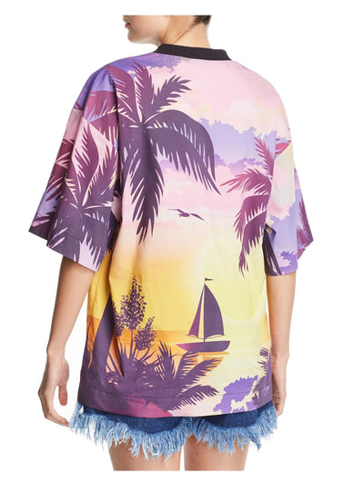 KSENIA SCHNAIDER Womens Purple Printed Short Sleeve Crew Neck Top L