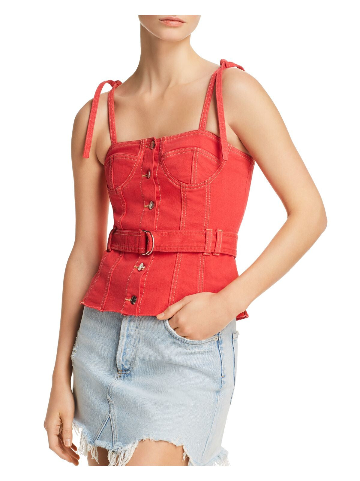 SJYP Womens Red Spaghetti Strap Square Neck Top M