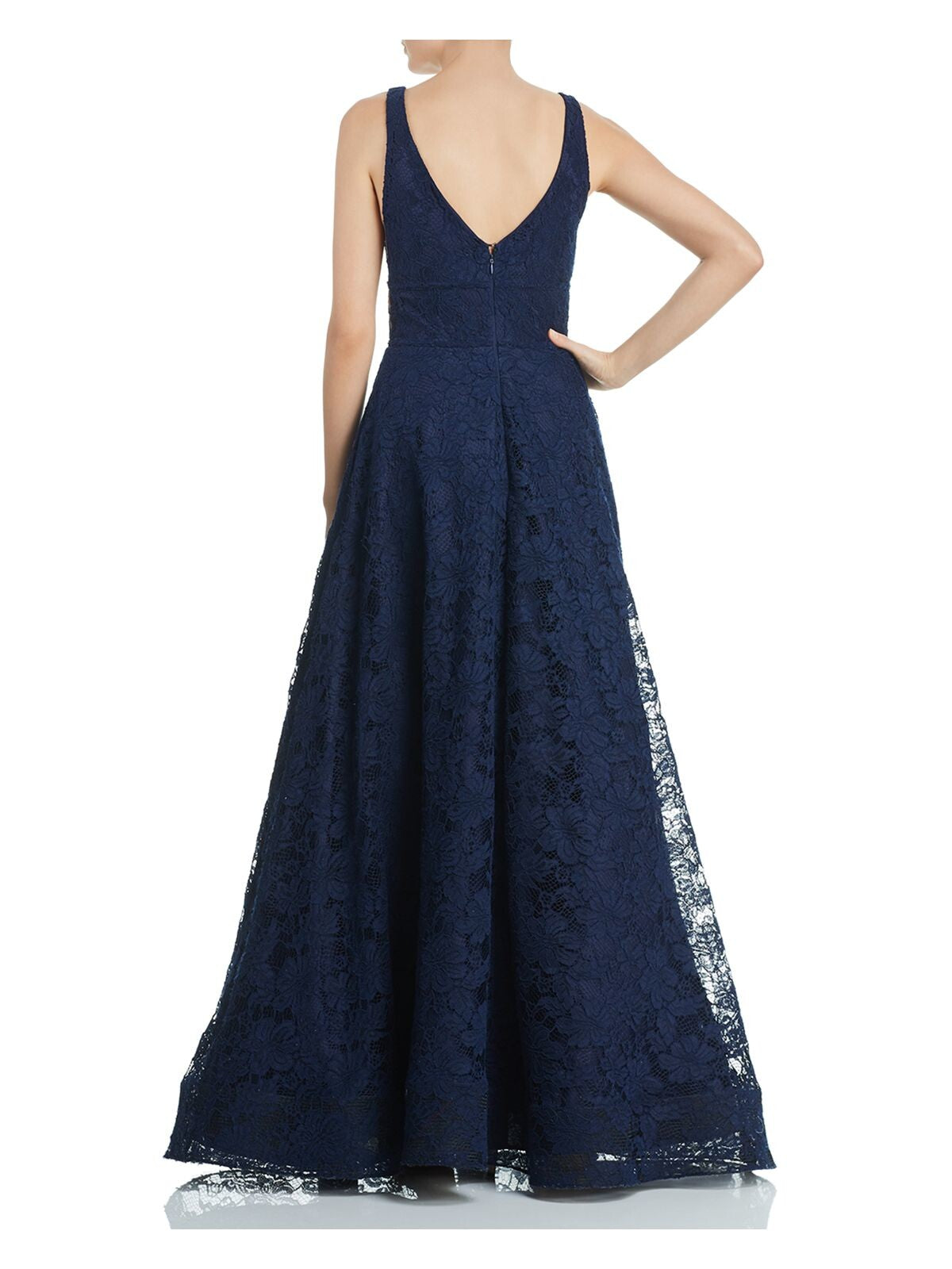 AQUA Womens Navy Textured Lace Sleeveless V Neck Full-Length Formal Fit + Flare Dress 0