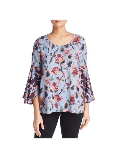 TOLANI Womens Light Blue Floral Long Sleeve Round Neck Tunic Top S