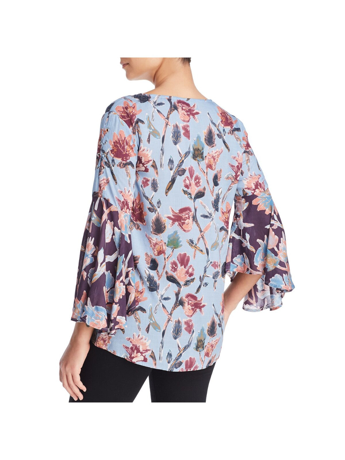 TOLANI Womens Light Blue Floral Long Sleeve Round Neck Tunic Top S