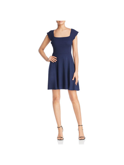 THREE DOTS Womens Navy Stretch Flutter Sleeve Square Neck Short Fit + Flare Dress L