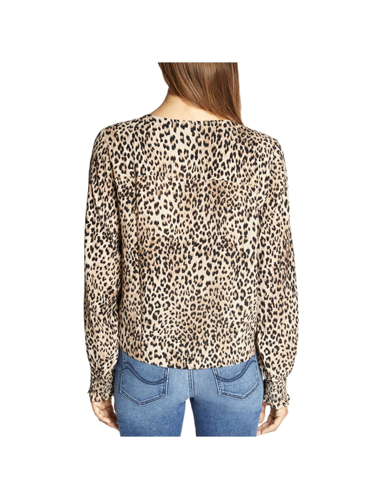 SANCTUARY Womens Beige Smocked Animal Print Long Sleeve Surplice Neckline Faux Wrap Top S