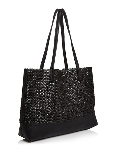 AQUA Women's Black Woven Double Flat Strap Tote Handbag Purse