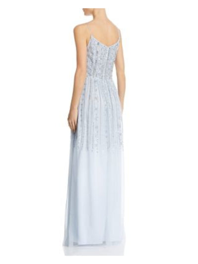 AIDAN MATTOX Womens Light Blue Embellished Zippered V-back Seamed Waist Lined Spaghetti Strap V Neck Full-Length Formal Fit + Flare Dress 14