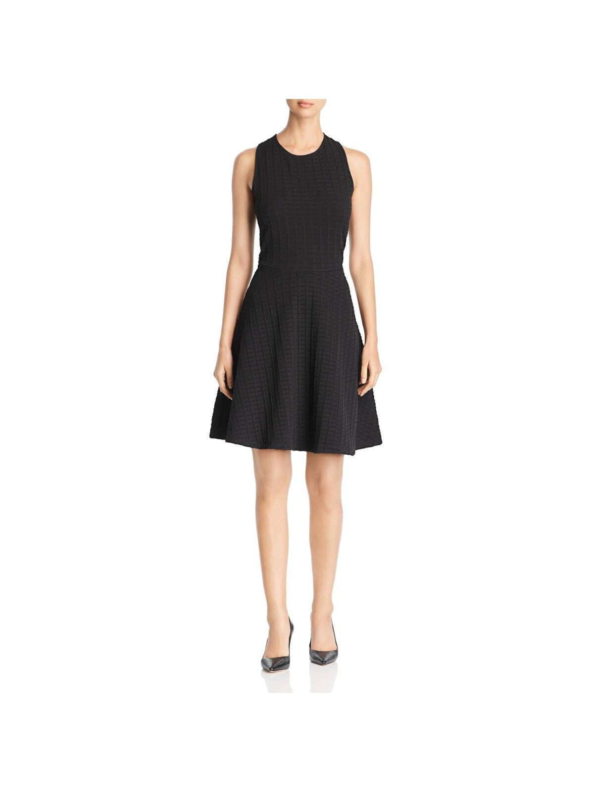 LEOTA Womens Black Stretch Textured Wrinkle Resistant Sleeveless Jewel Neck Above The Knee Wear To Work Fit + Flare Dress S