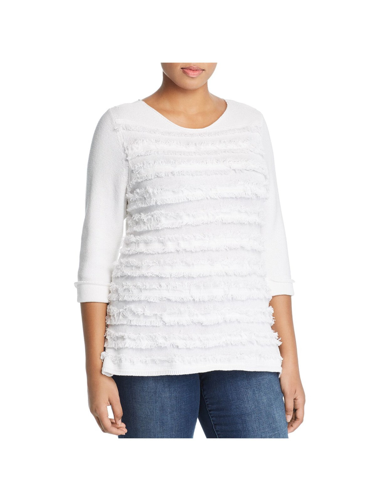 NIC+ZOE Womens Fringed Textured Split Side Seams 3/4 Sleeve Jewel Neck Sweater