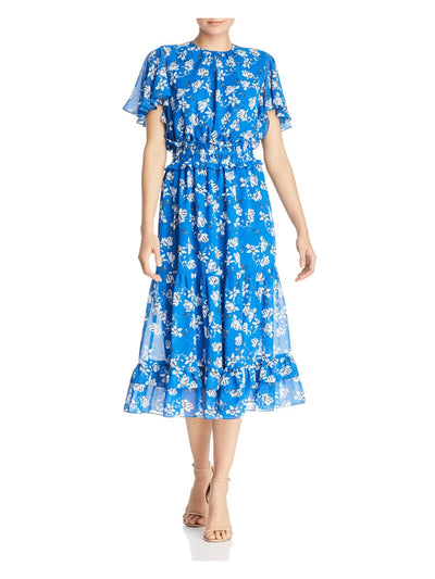 SHOSHANNA Womens Blue Ruffled Floral Short Sleeve Jewel Neck Below The Knee Wear To Work Fit + Flare Dress 0