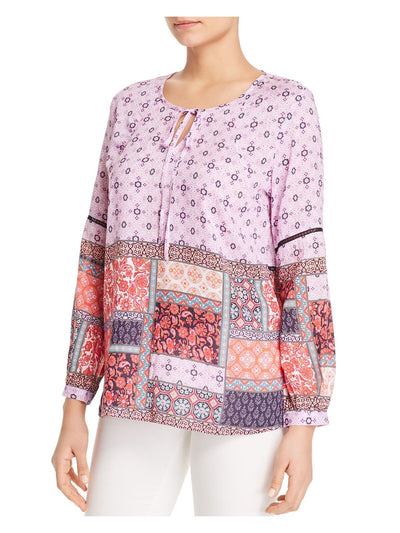 TOLANI Womens Pink Printed Long Sleeve Tie Neck Peasant Top L