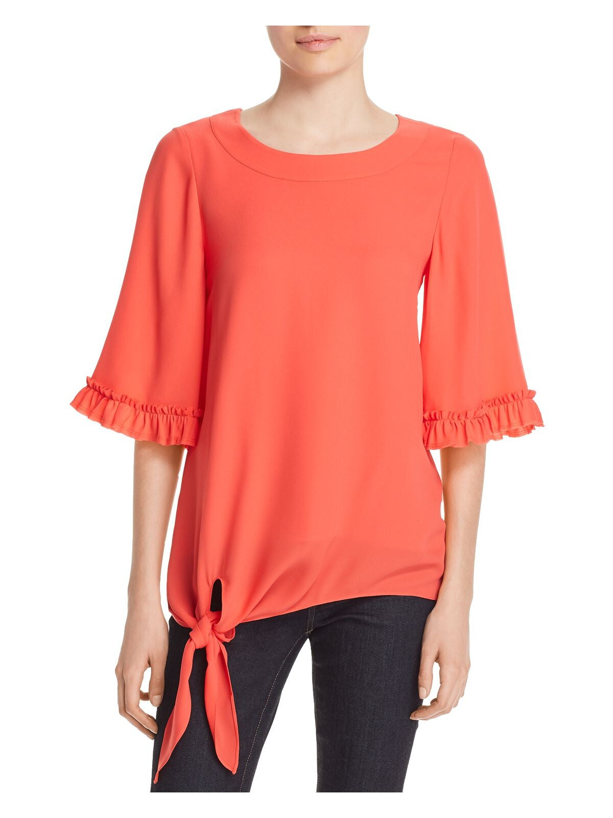 LE GALI Womens Red Ruffled  Tie Front Kimono Sleeve Jewel Neck Top XS