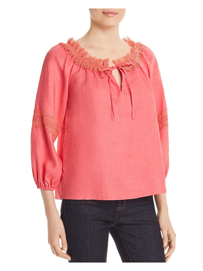 LE GALI Womens Pink Lace  Trim Trim 3/4 Sleeve Tie Neck Top L