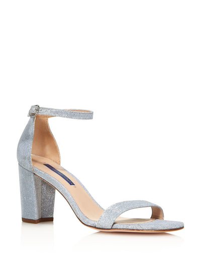 STUART WEITZMAN Womens Silver Ankle Strap Nearly Nude Round Toe Block Heel Buckle Dress Sandals Shoes 7 M