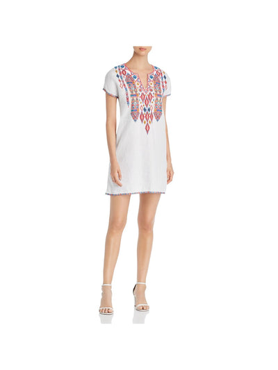 JOHNNY WAS Womens White Embroidered Pleated Pullover Styling Printed Short Sleeve Split Mini Tunic Dress M