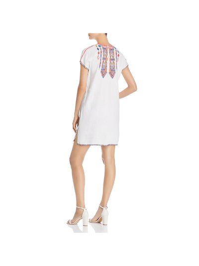 JOHNNY WAS Womens White Embroidered Pleated Pullover Styling Printed Short Sleeve Split Mini Tunic Dress M