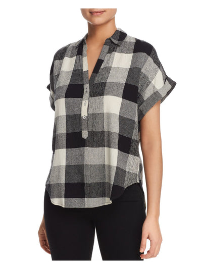 FINN & GRACE Womens Textured Curved Hem Pullover Styling Short Sleeve Collared Top