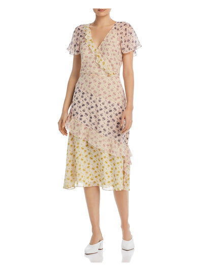 JOIE Womens Yellow Ruffled Floral Flutter Surplice Neckline Below The Knee Fit + Flare Dress 2