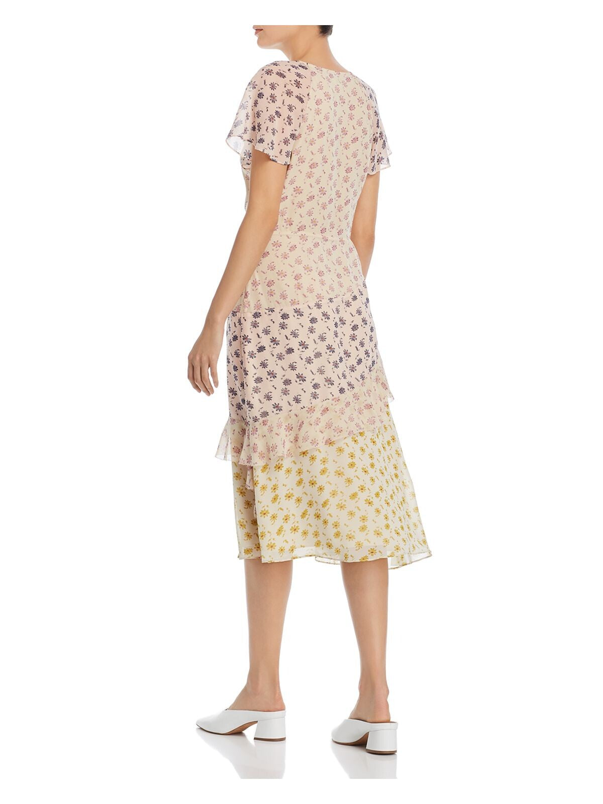 JOIE Womens Yellow Ruffled Floral Flutter Surplice Neckline Below The Knee Fit + Flare Dress 2