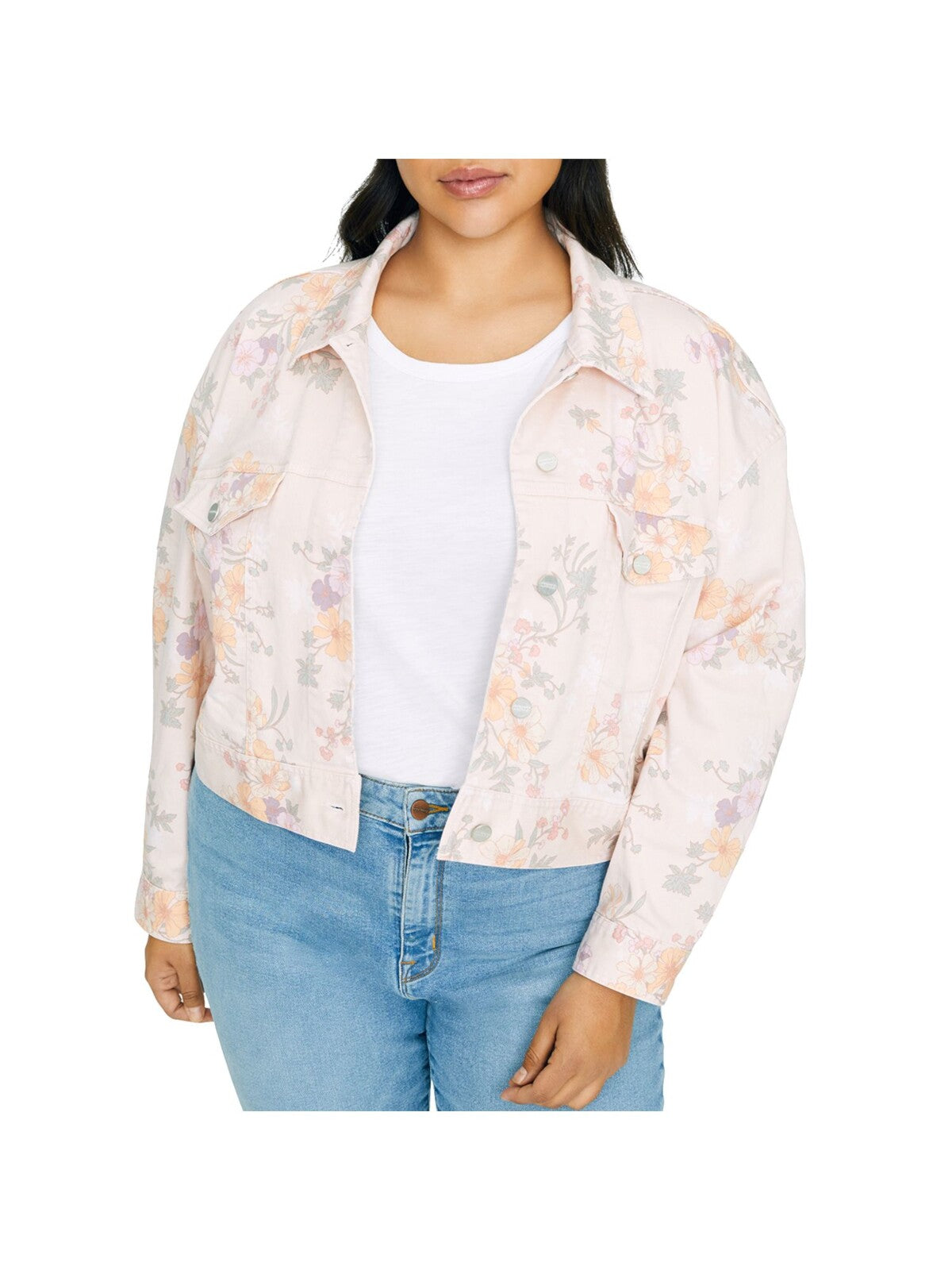 SANCTUARY Womens Pink Stretch Pocketed Button Down Floral Denim Jacket Plus 1X