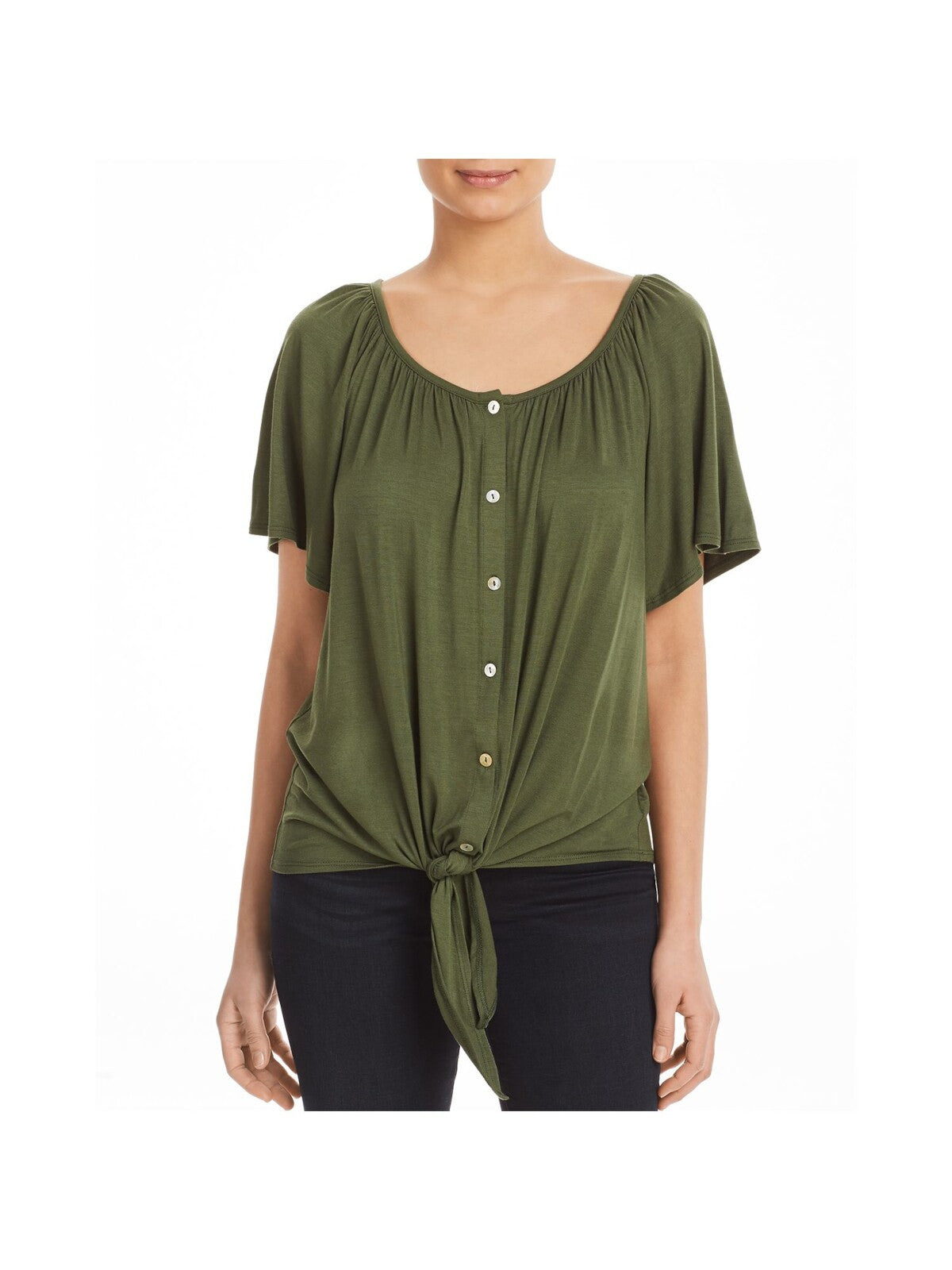 K & C Womens Green Stretch Ribbed Tie Button Down Short Sleeve Scoop Neck Blouse L