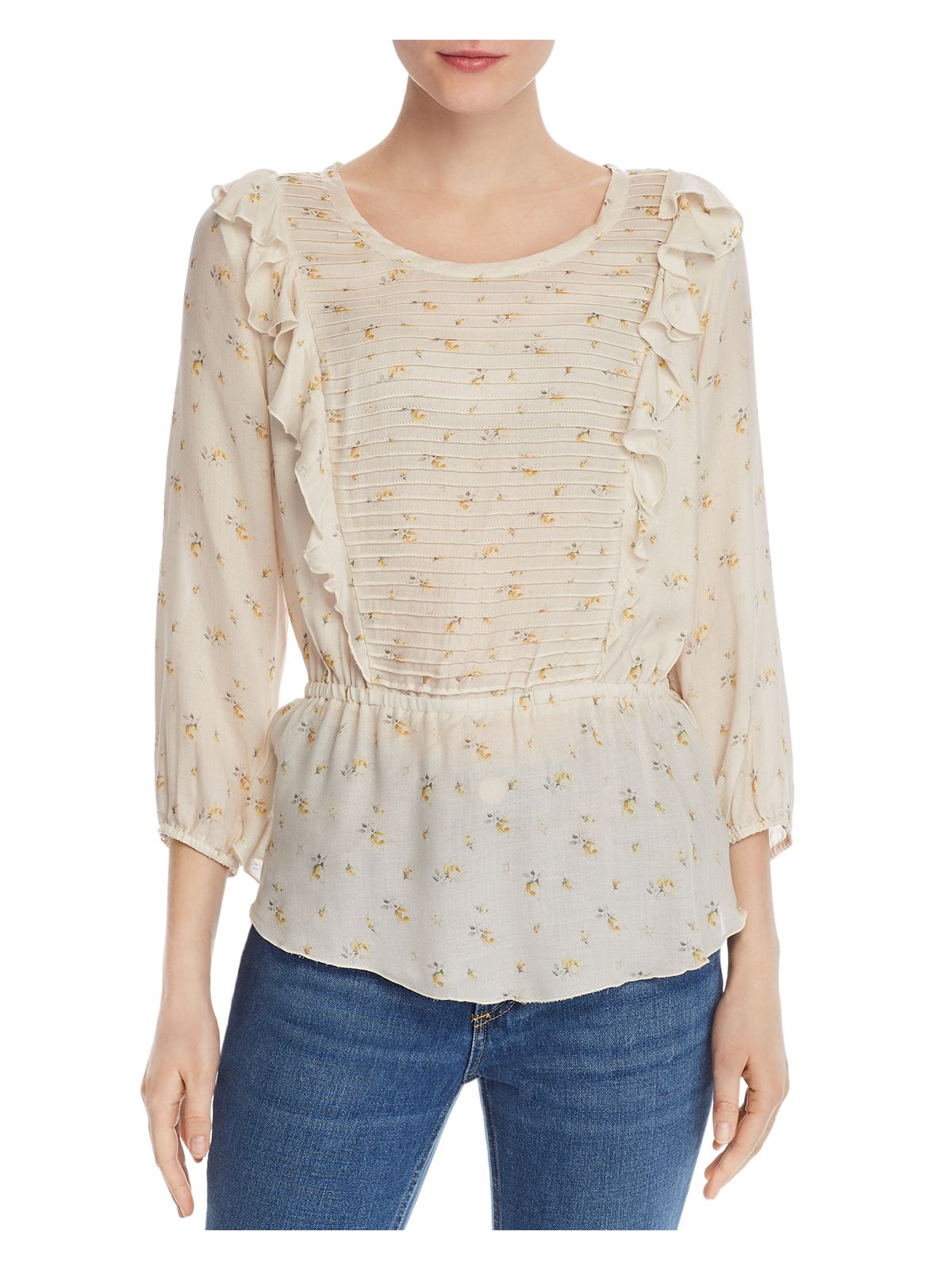 CHASER Womens Beige Ruffled Floral 3/4 Sleeve Scoop Neck Top Size: XS