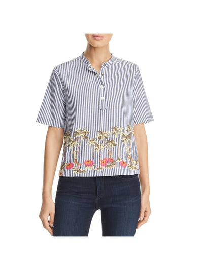 SCOTCH & SODA Womens Embroidered Side Vents Button Short Sleeve Crew Neck Top