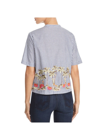 SCOTCH & SODA Womens Blue Embroidered Side Vents Button Striped Short Sleeve Crew Neck Top XS