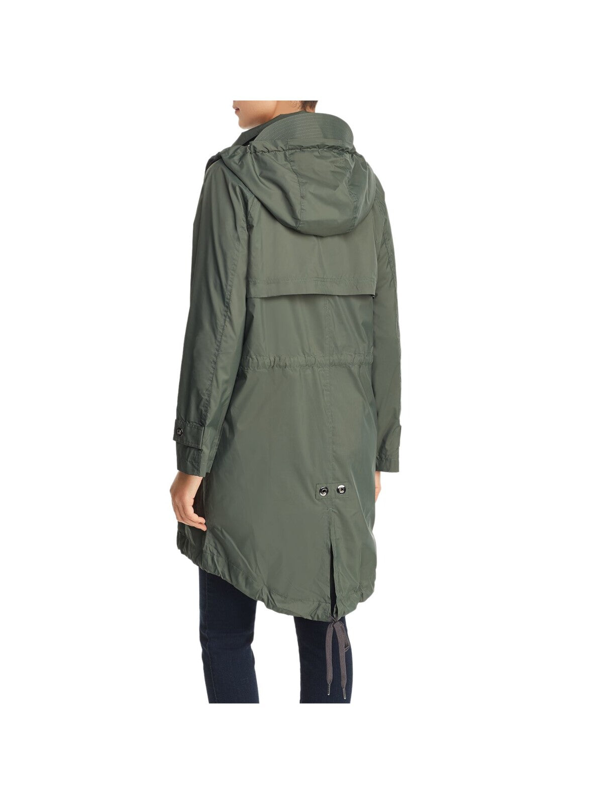 ANORAK Womens Green Zippered Water Resistant Removable Billed Hood Lined Long Sleeve Wear To Work Hi-Lo Trench Coat M