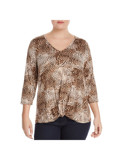 STATUS BY CHENAULT Womens 3/4 Sleeve Knot-hem V Neck Top