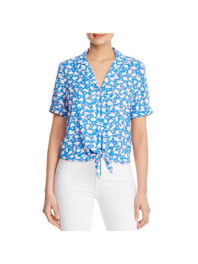 FINN & GRACE Womens Blue Printed Short Sleeve Collared Button Up Top L