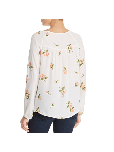 SINGLE THREAD Womens Ivory Gathered Tasseled Ties At Neck Curved Hem Floral Long Sleeve Split Top S