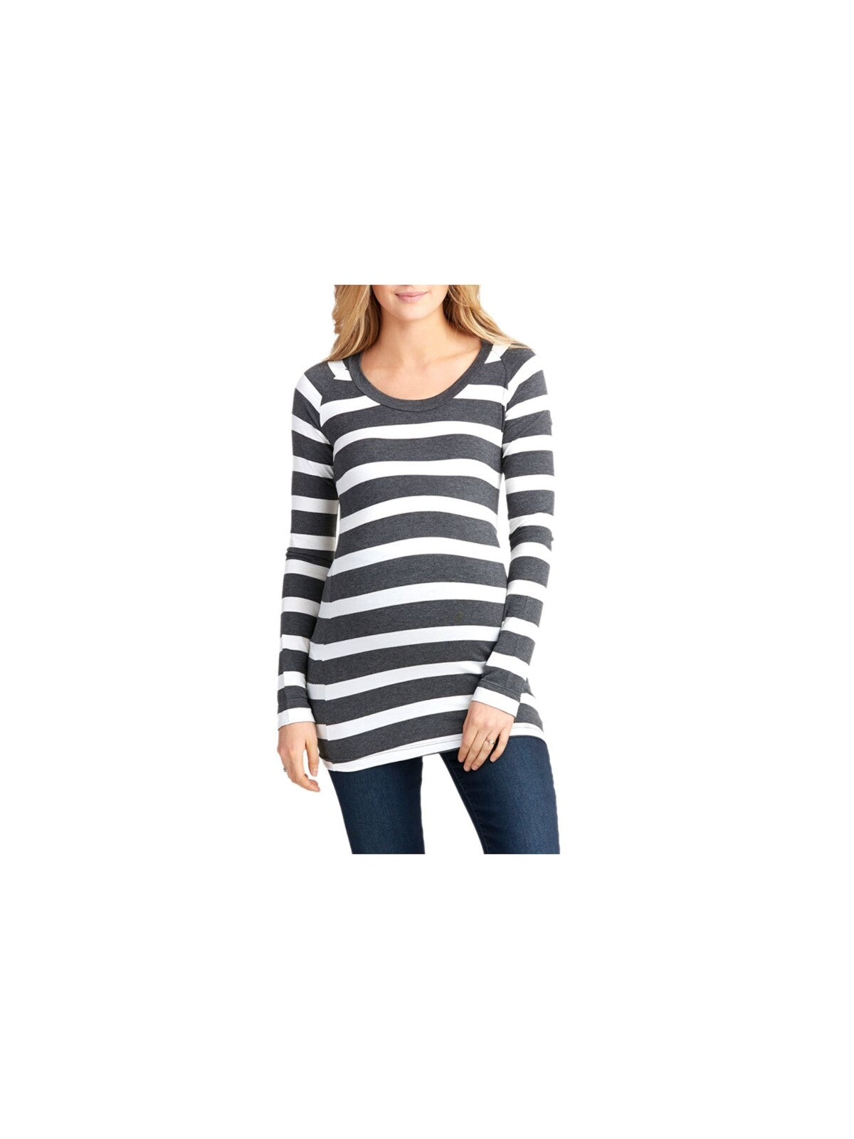 NOM Womens Gray Stretch Striped Long Sleeve Round Neck Top Maternity L