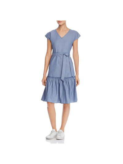 DESIGN HISTORY Womens Zippered Belted Chambray Cap Sleeve V Neck Above The Knee Fit + Flare Dress