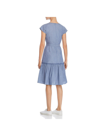 DESIGN HISTORY Womens Zippered Belted Chambray Cap Sleeve V Neck Above The Knee Fit + Flare Dress