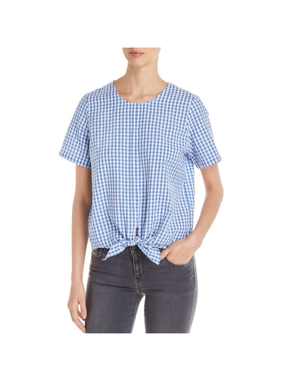 FINN & GRACE Womens Blue Textured Tie-front Gingham Short Sleeve Round Neck Top L