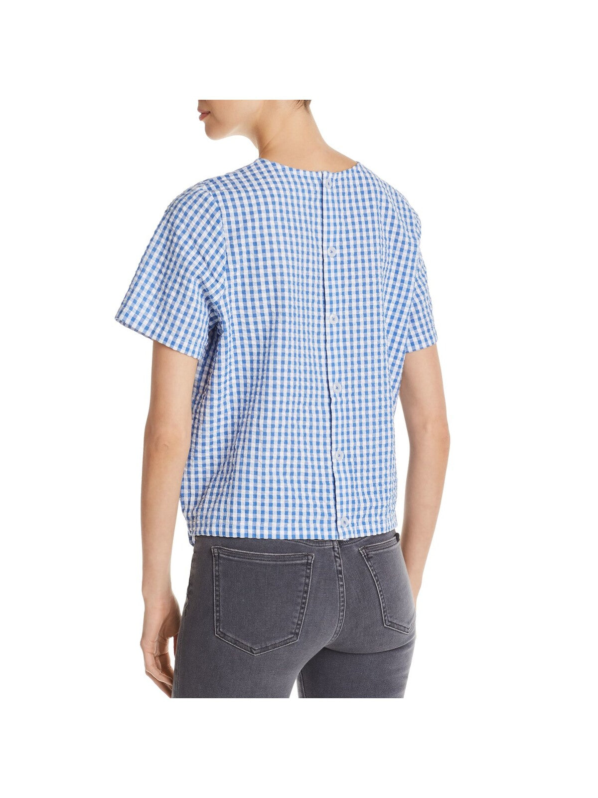 FINN & GRACE Womens Blue Textured Tie-front Gingham Short Sleeve Round Neck Top S