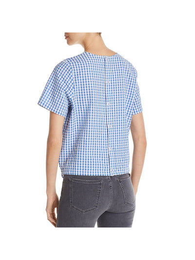 FINN & GRACE Womens Blue Textured Tie-front Gingham Short Sleeve Round Neck Top S