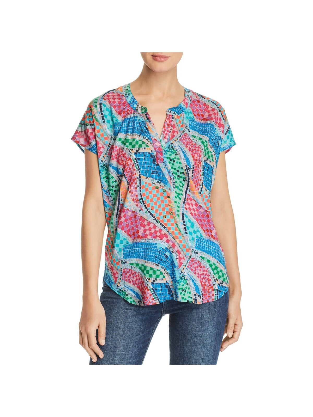 TOLANI Womens Printed Short Sleeve Split Top