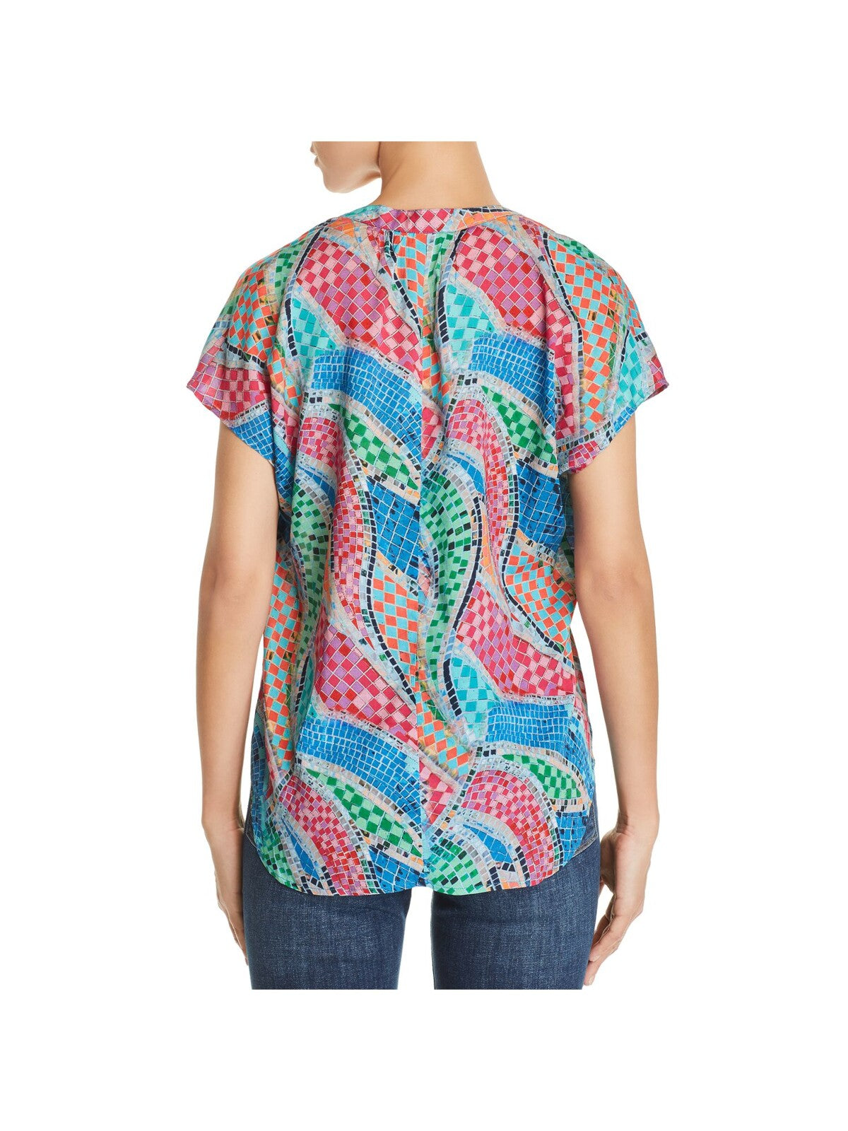 TOLANI Womens Blue Printed Short Sleeve Split Top M