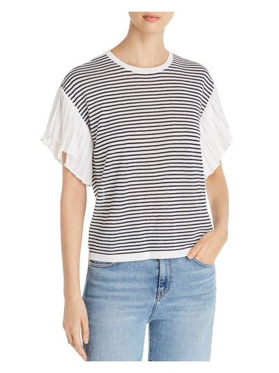 LE GALI Womens White Striped Short Sleeve Jewel Neck Sweater L