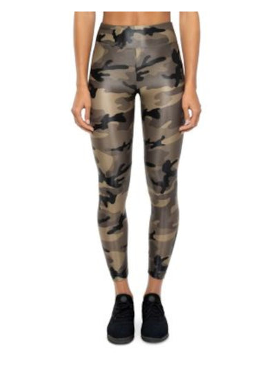 KORAL Womens Brown Stretch Pocketed Glossy Finish Pull-on Camouflage Active Wear High Waist Leggings S