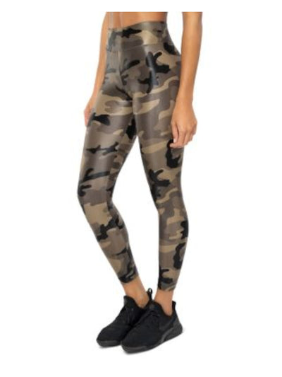 KORAL Womens Brown Stretch Pocketed Glossy Finish Pull-on Camouflage Active Wear High Waist Leggings S